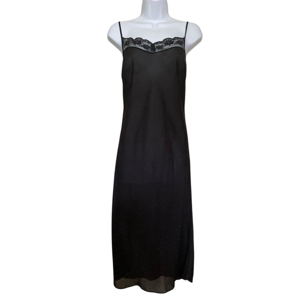 Vintage 90s Y2k Boho Goth Sheer Black Lace Trim Square Neck Slip Dress S/M